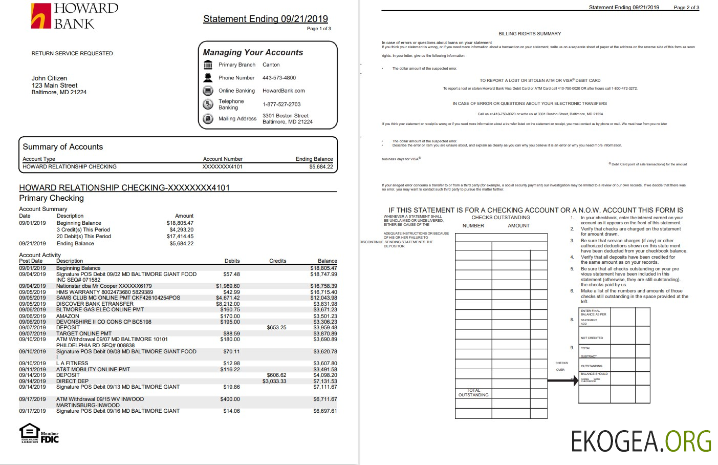 USA Maryland Howard Modèle de relevé bancaire de preuve d'adresse personnelle au format Word et PDF (4 pages)